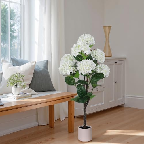 YEPDIN Set of 2 Artificial Hydrangea Tree 4 ft- Large Faux Hydrangea Plants Indoor Outdoor，Fake Flower Trees with White Tall Planter for Home Garden,Front Decor - Image 3