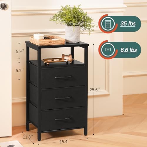 Yoobure Night Stand with Charging Station, Black Nightstand with 3 Fabric Drawers and Storage Shelf, LED End Table with USB Ports and Outlets, Bedside Table for Small Space, Small Dresser for Bedroom - Image 2