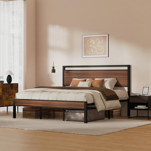 Z-hom King Metal Bed Frame with Wooden Headboard and Footboard, Heavy Duty Platform Frame with Metal Slats, No Box Spring Needed, Quiet and Non-Slip Design, Space Saving Bed Frame for Bedroom,Walnut - Image 3
