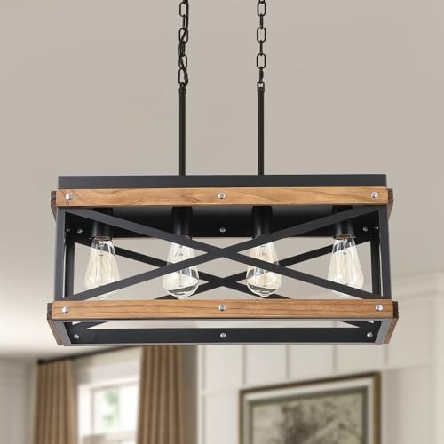 Rustic Farmhouse Wood Kitchen Island Lighting, 4 Lights Rectangular Pendant Light Fixture, Adjustable Chain Oak Wood and Metal Linear Chandelier for Dining Room Kitchen Island Farmhouse, Black - Image 7