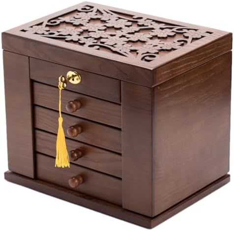 Changsuo Wooden Jewelry Box for Women, Organizer Box of Solid Wood with Lock and Key for Jewelries, Watches, Necklace, Ring, Lockable Storage Case (Rustic Brown) by ChangsuoProducts