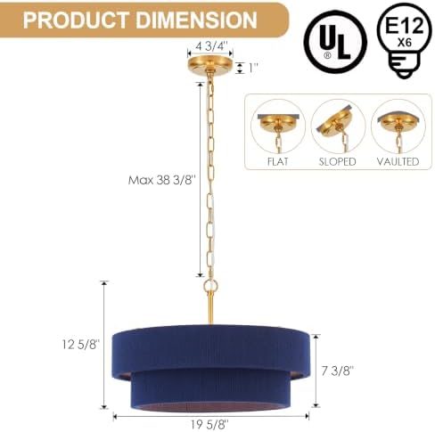 20” Navy Blue Boho Hand Woven Pendant Light Brass Adjustable Coastal Chandelier for Dining Living Room Kitchen Bedroom, UL Listed - Image 6