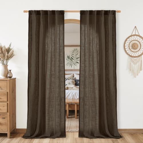 LAMIT Dark Brown Linen Boho Curtains 80 inch Length 2 Panels, 34 x 80 Inch by LAMIT