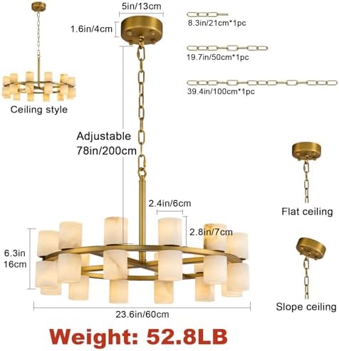 Alabaster Chandelier, Natural Spanish Stone Texture Chandeliers, D23.6in Round Chandeliers for Dining Room Small Chandelier Light Fixture for Kitchen Living Room Foyer Entryway Hallway (Brass) - Image 2