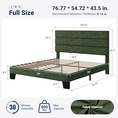 Allewie Full Size Platform Bed Frame with Fabric Upholstered Headboard and Wooden Slats Support, Fully Upholstered Mattress Foundation/No Box Spring Needed/Easy Assembly, Green - Image 2