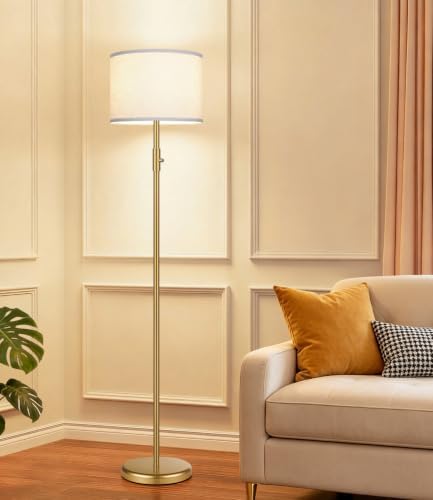 【Upgraded】 Dimmable Gold Floor Lamps for Living Room, 9W LED Bulb Included, Modern Standing Lamp with White Lamp Shade, Tall Pole Light for Bedroom Reading Office Corner Nursery by Yemela