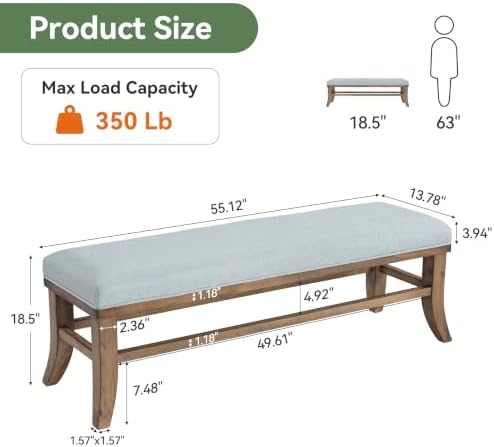 Solid Wood Upholstered Dining Bench, 55" Padded Long Bench - Image 2