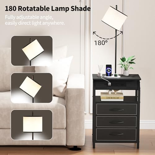End Table with Floor Lamp Set of 2, Nightstand with Charging Station, Floor Lamp Table with 3-Color Temperature Bulb, Bedside Table Night Stand with 3 Drawers for Bedroom, Living Room, Black - Image 6