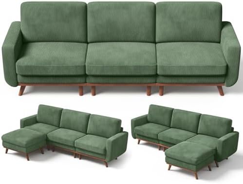 Vesgantti 97" L-Shape Modular Sofa, 3-Seat Corduroy Couch with Movable Ottoman, Sectional Sofa for Living Room, Green - Image 2