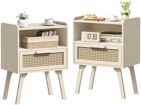 Lerliuo Rattan Nightstands Set of 2, Side Table with Drawer Open Shelf by Lerliuo