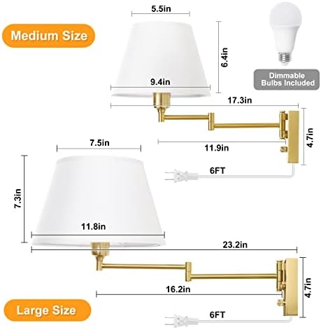 TRLIFE Remote Control Dimmable Wall Sconce, Adjustable Color Temperature 2700K-6500K Brushed Brass Swing Arm Wall Lights with Plug in Cord, 11.8" Large White Shade(2 Pack, 2 Bulbs) - Image 7
