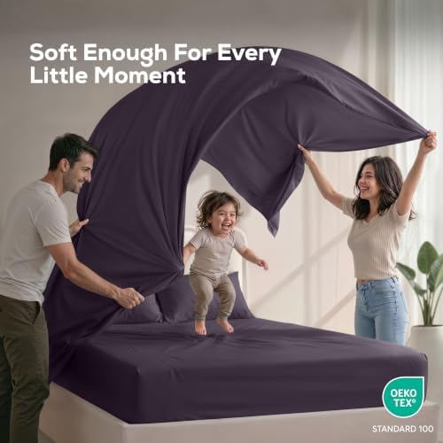Queen Sheets Set, 4 Pieces 16" Deep Pocket Hotel Luxury Sheets, Dark Purple - Image 5