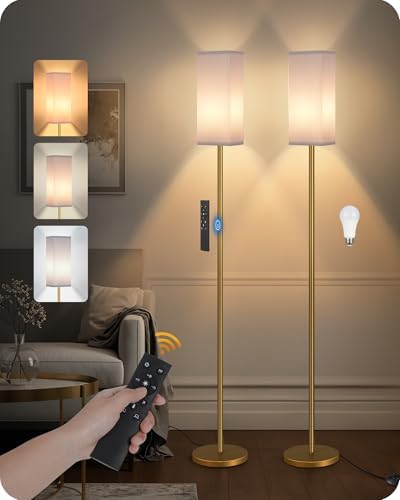 2Pack 64.2” Dimmable Floor Lamp for Living Room with Remote & Foot Switch, Corner Floor Lamp for Bedroom, Includes A19 Bulb, Modern Standing Tall Lamp, ETL Listed White and Gold DCW17LDP205 by GOEBLESON