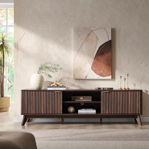OKD 70" Mid Century Modern Fluted TV Stand w/ 2 Soft Close Door,Dark Walnut - Image 2