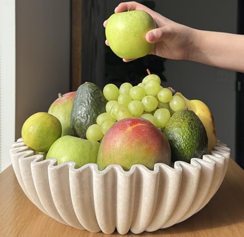 12" Extra Large Decorative Bowl – Decorative Fruit Bowl for Kitchen Counter, Modern Handmade Bowls for Home Decor, Ruffle Decor, Stylish Key Bowl for Entryway Table, Beige Artificial Stone - Image 3