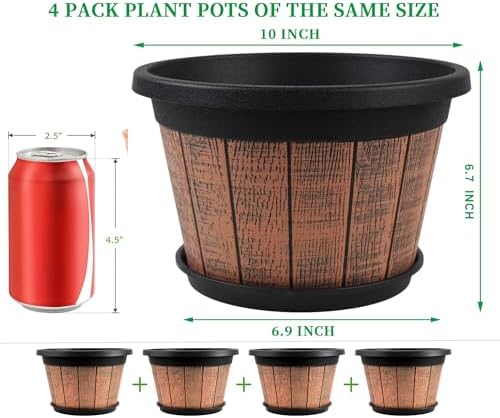 Quarut 4 Pack 10 inch Plant Pots,Whiskey Barrel Planters for Indoor Outdoor - Image 2