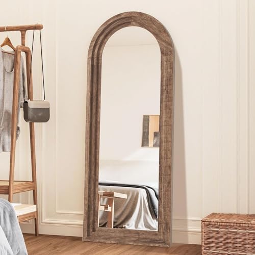 Arched Full Length Mirror with Solid Wood Frame 65x24 Inch Wall Mounted Floor Mirror, Vertical Hanging Leaning Standing Mirror for Living Room, Bedroom, Entryway, Brown by CASSILANDO