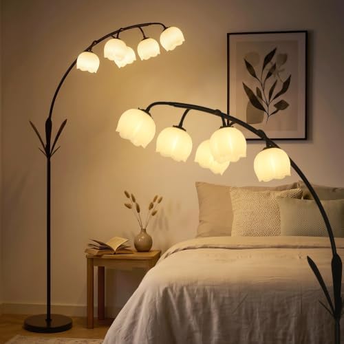 HMVPL Black Floor Lamp for Living Room, Flower Floor Lamp with 5 G9 LED Bulbs, Foot Switch, Arc Standing Lamp with Acrylic Shade,Marble Base, Cute Tall Lamp for Living Room Corner Bedroom Reading Home by HMVPL