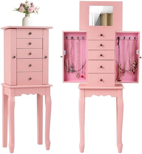 GIANTEX Standing Jewelry Armoire Cabinet with 4 Drawers, Flip Top Mirror, Top Storage Compartments, 2 Side Doors with 8 Necklace Hooks, Freestanding Jewelry Organizer Box Chest (Pink) by Giantex