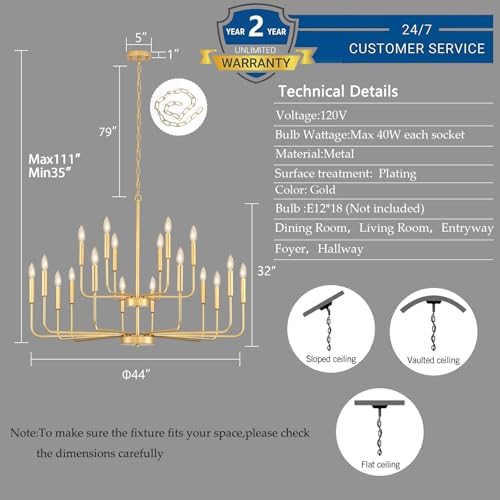 Gold Chandeliers for Dining Room Light Fixture，D44 Inch - Image 4