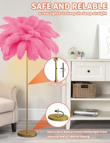 Feather Floor Lamp,Fluffy Ostrich Feather Floor Lamp for Bedroom,3 Color Temperatures Led Corner Modern Floor Lamps for Living Room Christmas Home Decor House Warming Gifts,63″ Height (Deep Pink) - Image 6