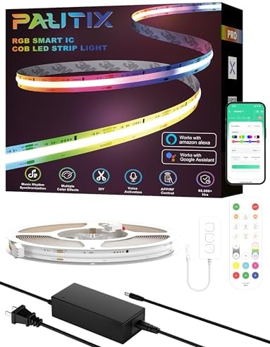 PAUTIX RGB Smart IC COB LED Strip Lights,Work with Alexa/Google Assistant,24ft/7.5m,720LEDs/m Addressable UL-Listed 24V Chasing Color Flexible Tape Light,for Cabinet,TV,Bedroom,Party DIY Decoration by PAUTIX
