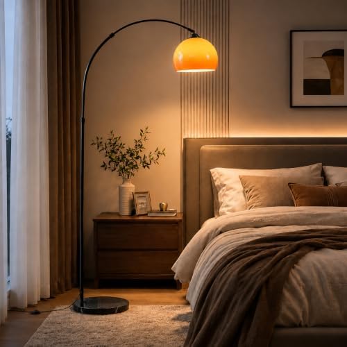 Black Arc Floor Lamp for Living Room,Orange Glass Lampshade,MCM Style - Image 4