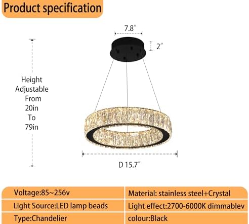 Modern LED Ring Pendant Light Dimmable Crystal Chandelier 15.7in Black Crystal Chandelier for Dining Room Living Room - Image 2