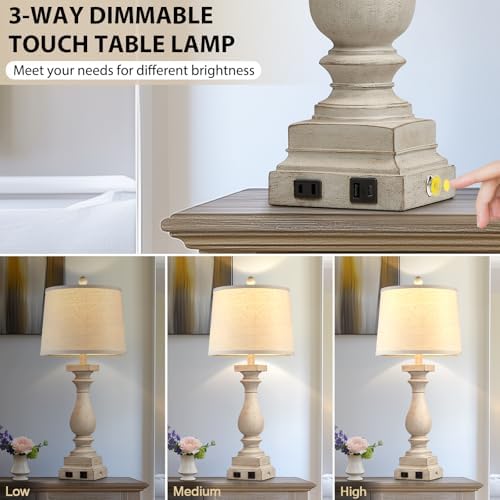 28" Tall Farmhouse Table Lamps Set of 2 with USB C+A Ports and AC Outlet, 3 Way Touch Control Rustic Bedside Lamp for Bedroom, Beige Vintage Nightstand Lamp for Living Room Office - Image 3