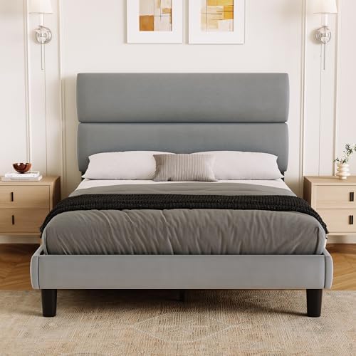 GRUSIGN Full Size Platform Bed Frame with Velvet Headboard, Adjustable Height Wooden Slats Support, Upholstered Mattress Foundation, Fits Mattress or Mattress with Box Spring, Easy Assembly, Grey by GRUSIGN