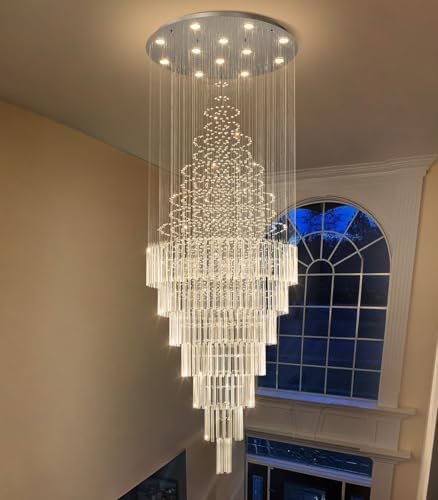 HAIXIANG W32 x H120 Glam Chandelier with LED Bulbs Crystal Raindrop High Ceiling Pendant Light for Entrance Large Villa Chandelier Foyer Lighting Fixtures Silver - Image 5