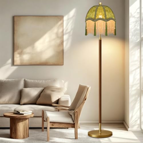 Wood Floor Lamps for Living Room Vintage Floor Lamp with Remote Control & 3 Color Temperature,Dimmable Floor Lamp Mid Century Modern Standing Lamp Green Fringe Tall Floor Lamp for Bedroom Corner - Image 7