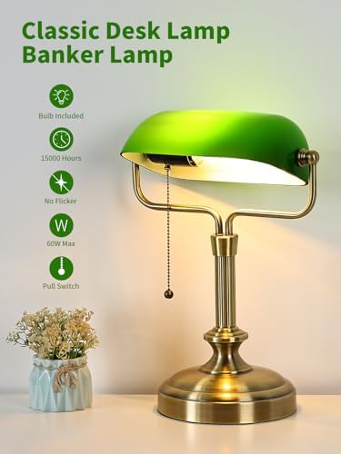 Traditional Banker's Desk Lamp with Glass Shade,Pull Chain Switch, LED Bulb Included (Antique Bronze+Green) - Image 5