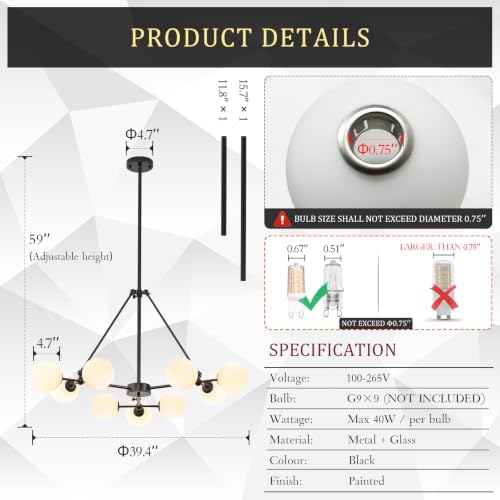 CATINER Modern 40" 9-Light Black Sputnik Chandelier with Milk Glass Globe - Image 3