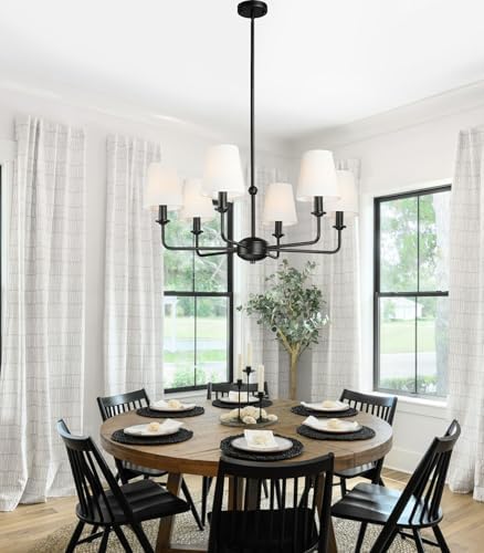 6-Light Black Pendant Chandelier with Fabric Shades, E12 Base - Farmhouse & Industrial Style for Kitchen, Living Room, Dining Room, or Bedroom Lighting - Image 2