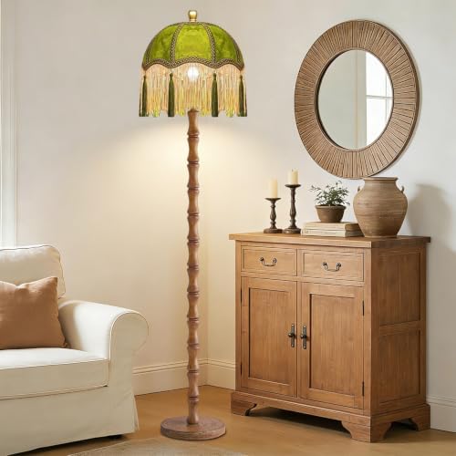 ILLMTW Vintage Floor Lamp for Living Room,Bedroom,Dimmable Standing Lamp with Remote,Green Mid Century Gold Tall Lamp Boho Retro Floor Light Wood Fringe Tassel Flower Unique Tiffany Victorian Decor - Image 7