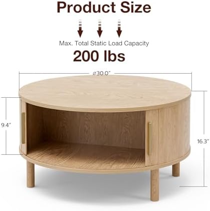 ZttRiee Round Coffee Table with Sliding Doors, Modern, Natural - Image 2