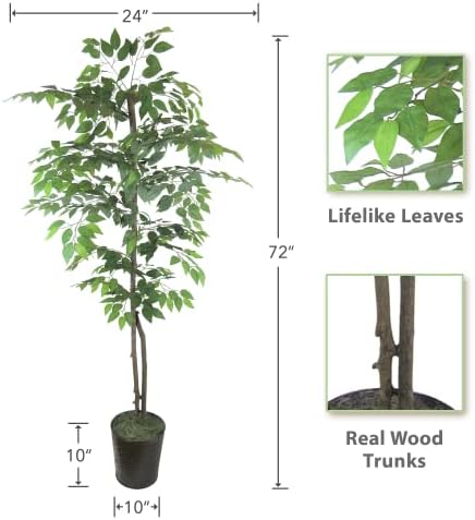 LCG Florals 6ft Artificial Ficus Tree in Black Metal Pot - Real Wood Trunk, No Maintenance Indoor Faux Plant - Living Room, Home & Office Decor - Image 2