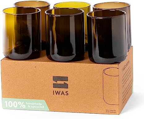IWAS Upcycled Olive Drinking Glasses | 250 ML | 8.45 OZ | Set of 6 | Sustainable Water Glasses | Environmentally Friendly Dark Brown Glasses For Home by IWAS