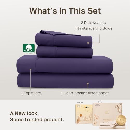 California Design Den Soft 100% Cotton Sateen Full Sheet Set, 4 Pcs, Purple - Image 3