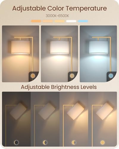 Gold Dimmable Floor Lamp, Modern Arc Lamp with Remote, Standing Corner Light with Lampshade, Tall Reading Lighting for Bedroom, Living Room, Office, Den, White, LED Bulb Included, DW11LD05 - Image 2