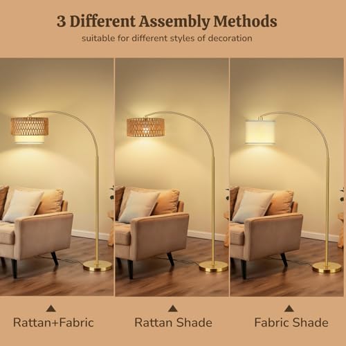 Gold Floor Lamps for Living Room, Arc Floor Lamp with Remote & Dimmable Bulb, Boho Standing lamp with 3 Color Temperatures, Adjustable Rattan & Fabric Shades Tall Lamp, Over Couch Reading Lamp - Image 5