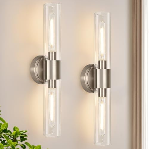 Wall Sconces Set of Two, Brushed Nickel Bathroom Sconces Wall Lighting with Clear Glass, Hardwired Modern Sconces Wall Decor Set of 2 for Bathroom Mirror Bedroom Living Room Hallway by Meybiok