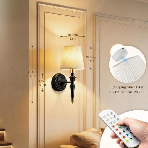 Battery Operated Wall Sconces Set of 2, Wireless Rechargeable Wall Lights with 12 RGB Colors and 3CCT Dimmable, Small Fabric LED Wall Lamps for Bedroom, Living Room, Hallway, Black Gold - Image 5