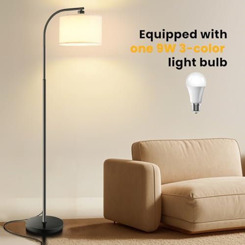 Floor Lamp for Living Room,Tall Standing Lamps Dimmable,Modern Floor Light with LED Bulb,3 Color Temperatures,Fabric Shades,Black Floor Lamps for Bedroom Dining Room Office Corner - Image 2
