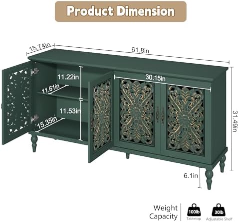 ARTPOWER 61.8" Hollow Carved Accent Cabinet with 4 Doors for Living Room - Image 2