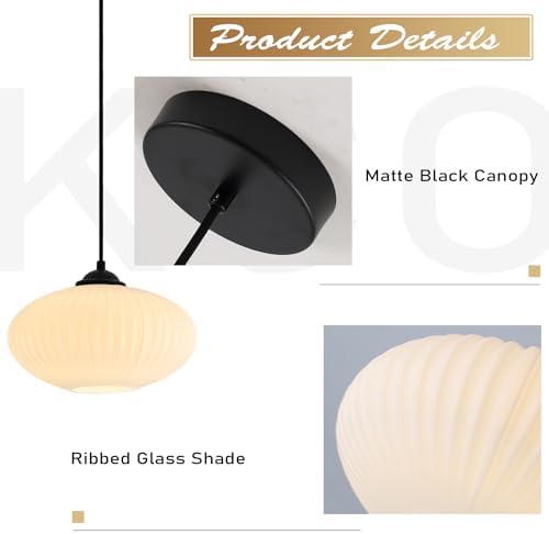 KCO 2 Pack Matte Black Lantern Pendant Light with 9.8” White Ribbed Glass - Image 3