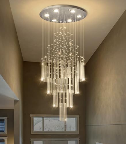 HAIXIANG W20 x H40 Crystal Glam Chandelier Long Light Chandeliers with Dimmable Light Bulbs High Ceiling Light Fixtures for Foyer Entryway Living Room Stair Silver - Image 7