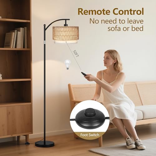 ROTTOGOON Arc Floor Lamps for Living Room, Boho Farmhouse Floor Lamp with Remote & Dimmable Bulb, Standing Lamp with Rattan & Fabric Shades, Adjustable Tall Lamp for Bedroom Office-Black - Image 5