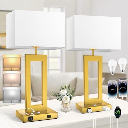 22’’ Touch Control Table Lamps Set of 2, 3 Color Temperatures Bedroom Bedside Lamps, Modern Gold Dimmable Lamps with USB Ports & AC Outlet, Tall Living Room Lamps for Nightstand End Table, 2 Bulbs by Kondras